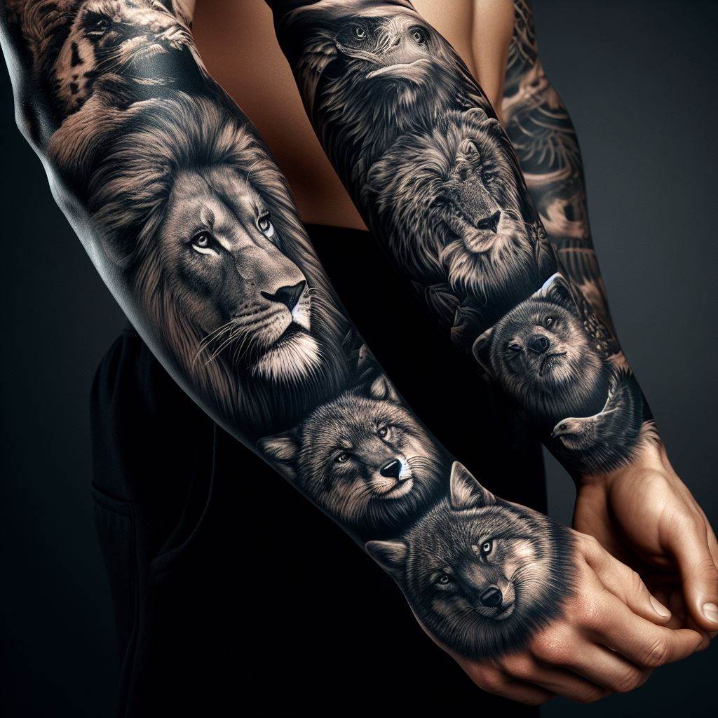 A man's forearm with a series of animal portraits as tattoos. These could include the faces of a lion, wolf, eagle, or bear, each rendered in stunning detail to capture their majestic and wild essence. The tattoos are positioned strategically along the forearm, from wrist to elbow, with each animal portrait surrounded by natural elements that represent its habitat, rendered in a realistic style.