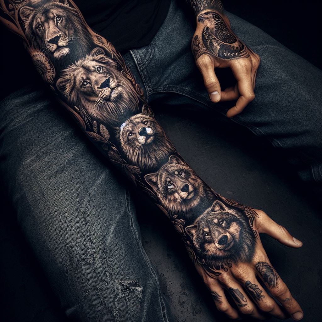 A man's forearm with a series of animal portraits as tattoos. These could include the faces of a lion, wolf, eagle, or bear, each rendered in stunning detail to capture their majestic and wild essence. The tattoos are positioned strategically along the forearm, from wrist to elbow, with each animal portrait surrounded by natural elements that represent its habitat, rendered in a realistic style.