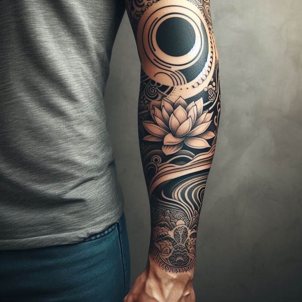 A man's forearm embellished with a tattoo focused on Zen and mindfulness. This design might include symbols of peace and tranquility, such as a lotus flower, the enso circle, or a serene landscape with mountains and rivers. The tattoo spans from the wrist to the elbow, using soft colors and smooth lines to evoke a sense of calm and introspection.