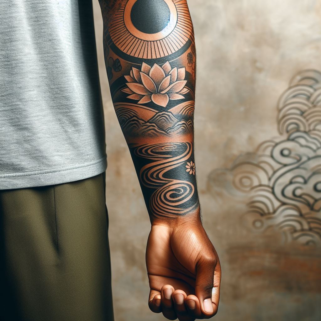 A man's forearm embellished with a tattoo focused on Zen and mindfulness. This design might include symbols of peace and tranquility, such as a lotus flower, the enso circle, or a serene landscape with mountains and rivers. The tattoo spans from the wrist to the elbow, using soft colors and smooth lines to evoke a sense of calm and introspection.