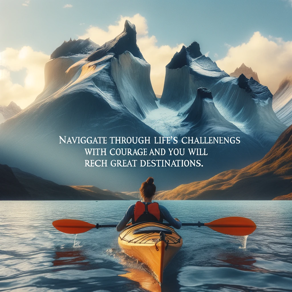 A person in a kayak navigating through calm waters with towering mountains in the background. Text overlay: "Navigate through life's challenges with courage and you will reach great destinations."