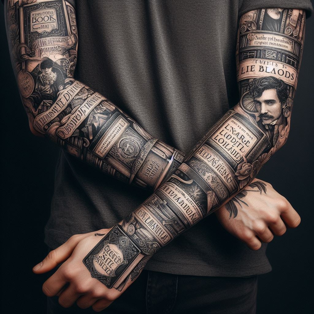 A man's forearm with a tattoo inspired by literature, featuring iconic book covers, famous literary quotes, or portraits of beloved authors. The design should weave these elements into a cohesive narrative that runs from the wrist to the elbow, perhaps incorporating vintage typography or illustrations from classic novels. This tattoo is a tribute to the world of books, rendered in a style that resembles pen and ink drawings or watercolor paintings.
