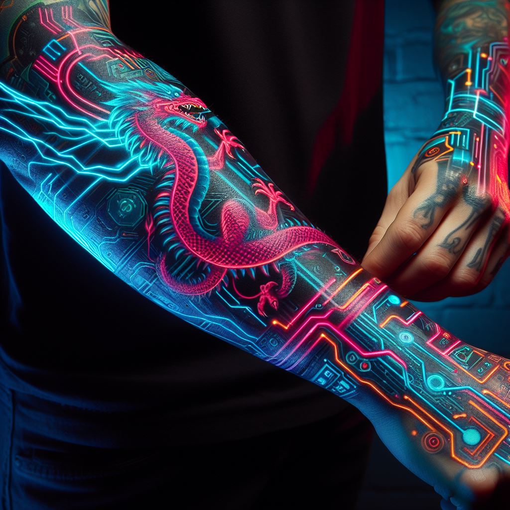 A man's forearm adorned with a cyberpunk-themed tattoo. The design should encapsulate the futuristic and neon-lit essence of cyberpunk culture, featuring elements like circuitry, neon dragons, futuristic cityscapes, or cybernetic enhancements. The tattoo spans from the wrist to the elbow, using vibrant neon colors against a dark background to create a striking contrast that captures the cyberpunk aesthetic.