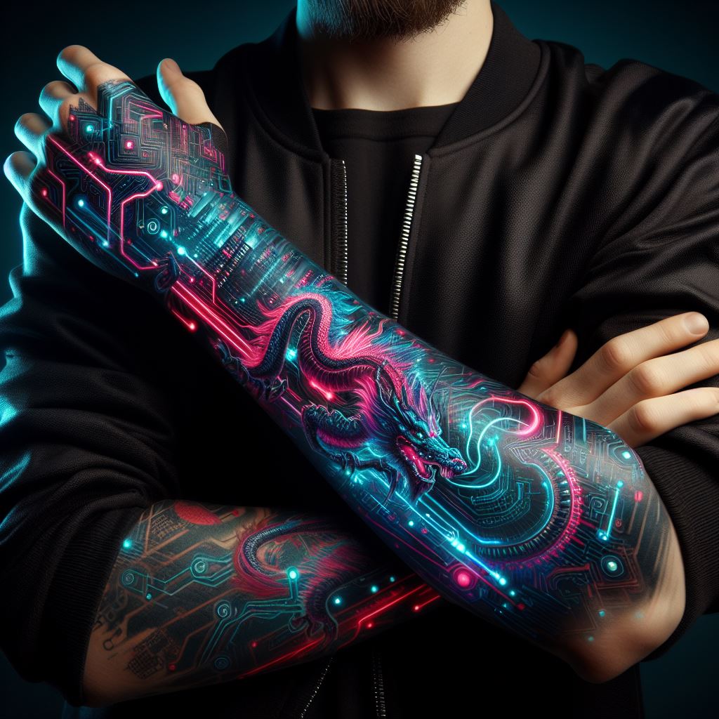A man's forearm adorned with a cyberpunk-themed tattoo. The design should encapsulate the futuristic and neon-lit essence of cyberpunk culture, featuring elements like circuitry, neon dragons, futuristic cityscapes, or cybernetic enhancements. The tattoo spans from the wrist to the elbow, using vibrant neon colors against a dark background to create a striking contrast that captures the cyberpunk aesthetic.