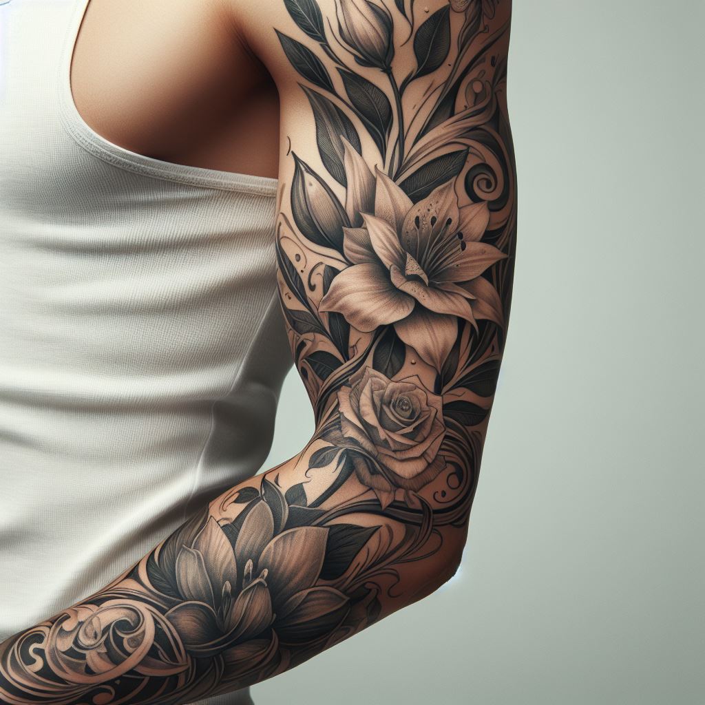 A man's forearm with a detailed floral tattoo. This design should include a variety of flowers, each with its own unique symbolism, such as roses for love, lilies for purity, and lotuses for enlightenment. The flowers should be intertwined in a natural, flowing composition that wraps around the forearm, from the wrist to the elbow, using a palette of soft, natural colors to bring the floral design to life.