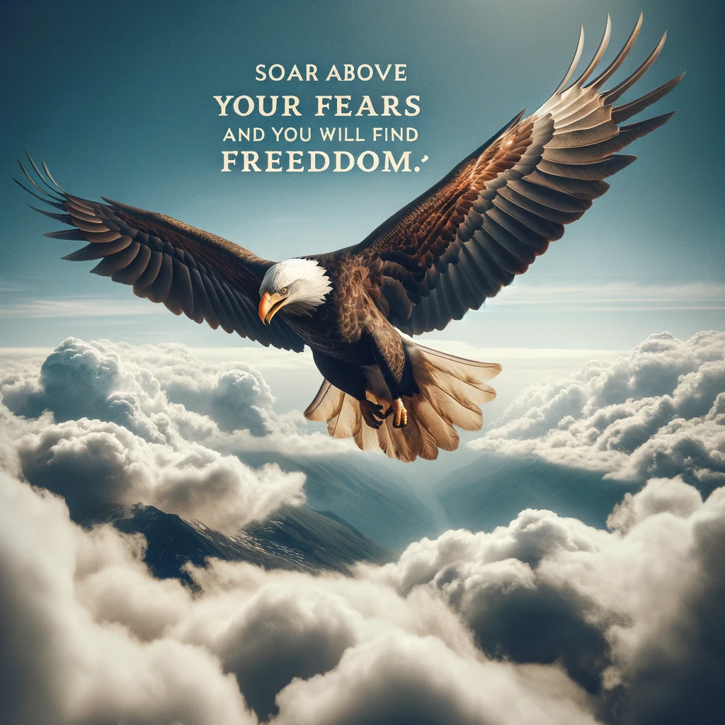 A majestic eagle soaring high above the clouds, with a clear blue sky in the background. Text overlay: "Soar above your fears and you will find freedom."
