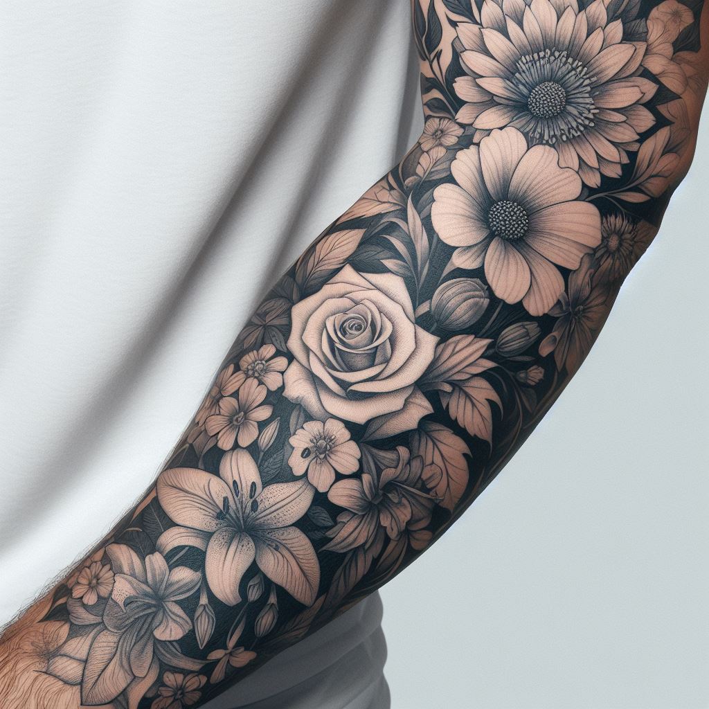 A man's forearm with a detailed floral tattoo. This design should include a variety of flowers, each with its own unique symbolism, such as roses for love, lilies for purity, and lotuses for enlightenment. The flowers should be intertwined in a natural, flowing composition that wraps around the forearm, from the wrist to the elbow, using a palette of soft, natural colors to bring the floral design to life.