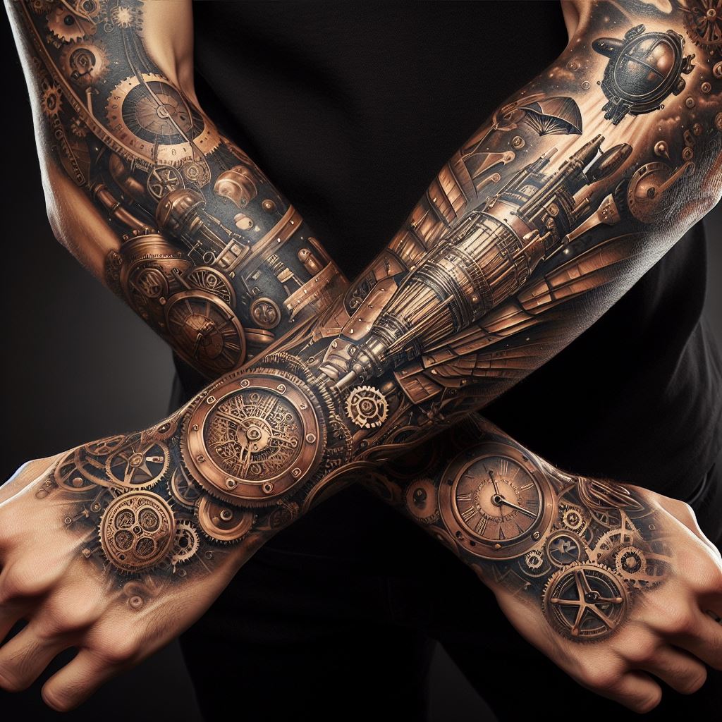 A man's forearm featuring a steampunk-inspired tattoo. The design combines elements of Victorian-era industrial machinery with fantastical inventions, including gears, clocks, steam engines, and flying machines. This tattoo, extending from the wrist to the elbow, should use a color scheme of bronze, gold, and sepia tones to evoke the vintage, mechanical vibe of the steampunk genre.