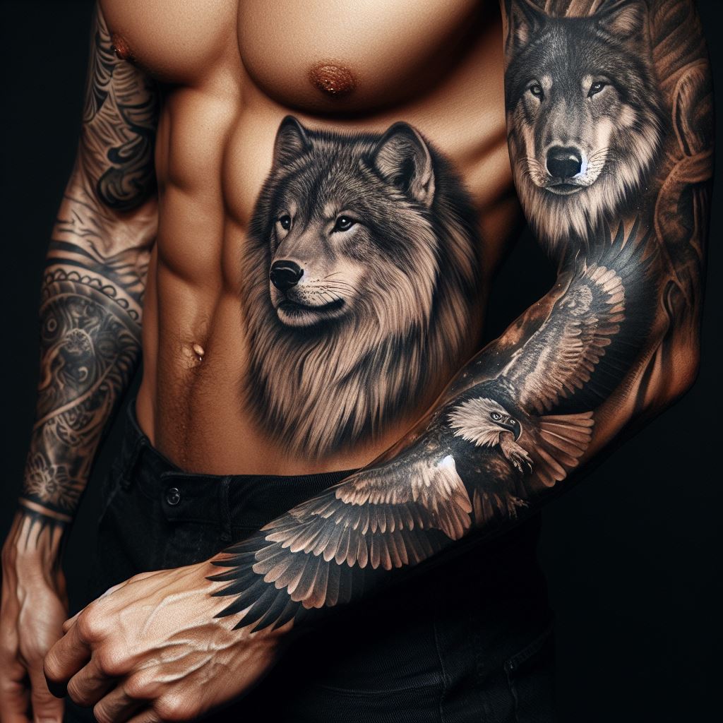 A man's forearm embellished with an animal portrait tattoo. The design focuses on a single, lifelike portrait of a majestic animal, such as a lion, wolf, eagle, or bear, symbolizing strength, freedom, or wisdom. This tattoo, positioned prominently from the wrist to the elbow, should capture the animal in stunning detail, using realistic shading and textures to make the portrait come alive.