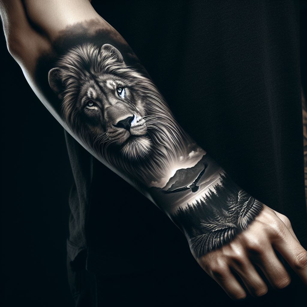 A man's forearm embellished with an animal portrait tattoo. The design focuses on a single, lifelike portrait of a majestic animal, such as a lion, wolf, eagle, or bear, symbolizing strength, freedom, or wisdom. This tattoo, positioned prominently from the wrist to the elbow, should capture the animal in stunning detail, using realistic shading and textures to make the portrait come alive.