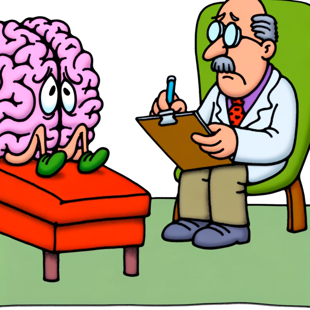 A cartoon image of a brain sitting on a psychiatrist's couch, looking stressed, while the psychiatrist takes notes, captioned: "When your brain needs a day off but your schedule says no."