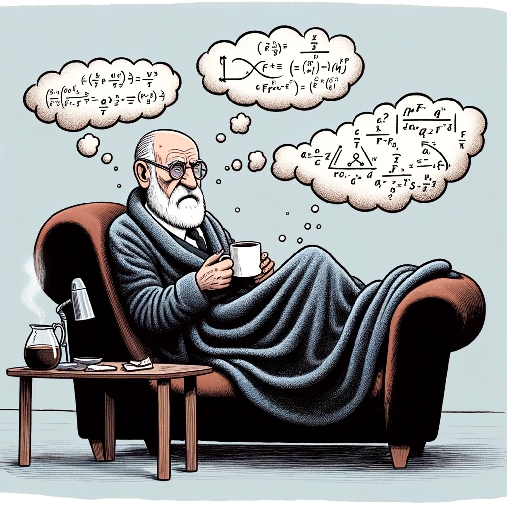 A cartoon of Freud analyzing a cup of coffee on his couch, with thought bubbles showing complex equations, captioned: "When you overanalyze your morning coffee."