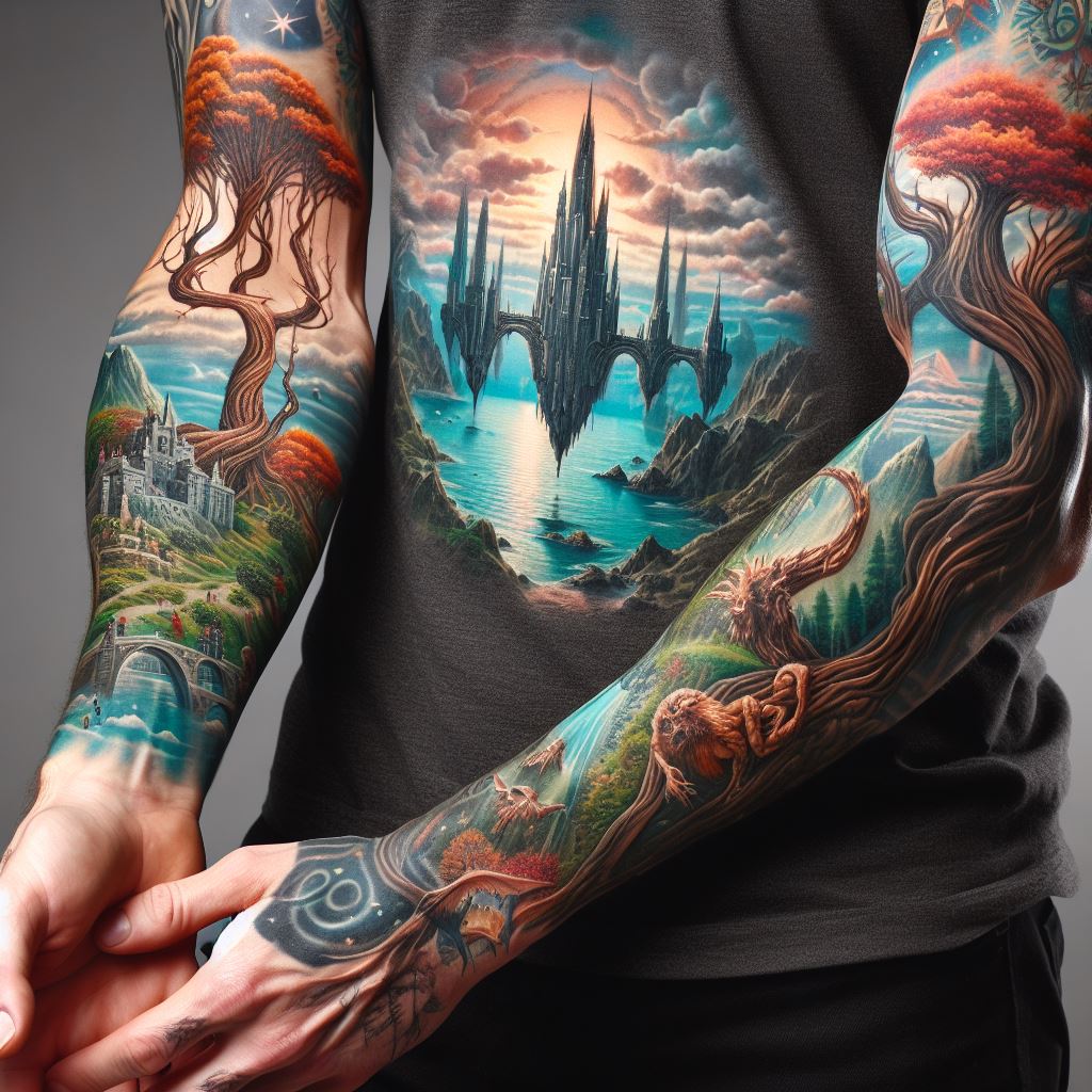 A man's forearm with a tattoo that depicts a breathtaking fantasy landscape. This scene could include mythical elements such as floating islands, ancient trees with magical properties, towering castles, or mystical creatures. The tattoo should span from the wrist to the elbow, drawing the viewer into a fantastical world with its intricate details and vibrant colors, creating a sense of wonder and escape.