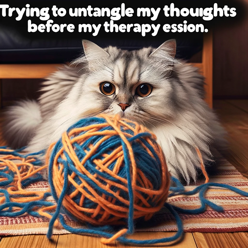 An image of a cat staring at a tangled ball of yarn with an overlay of psychological terms, captioned: "Trying to untangle my thoughts before my therapy session."