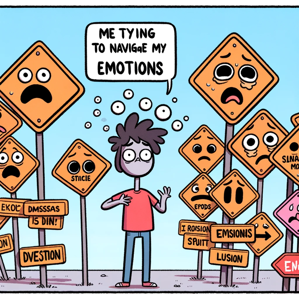 A cartoon of a person looking confused at multiple road signs pointing in different directions, each labeled with different emotions, captioned: "Me trying to navigate my emotions."