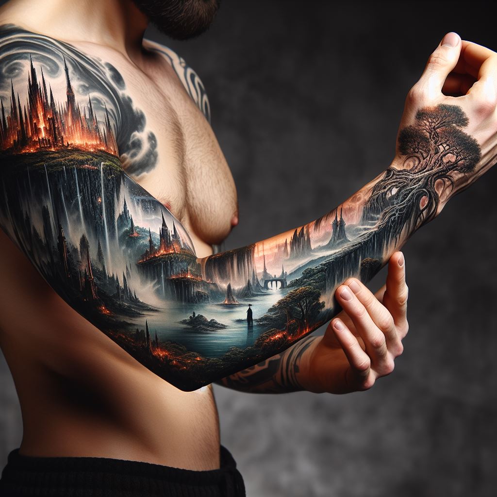 A man's forearm with a tattoo that depicts a breathtaking fantasy landscape. This scene could include mythical elements such as floating islands, ancient trees with magical properties, towering castles, or mystical creatures. The tattoo should span from the wrist to the elbow, drawing the viewer into a fantastical world with its intricate details and vibrant colors, creating a sense of wonder and escape.