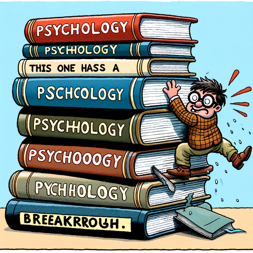 A cartoon showing a stack of books on psychology, with one book trying to leap out of the stack, captioned: "This one has a breakthrough."