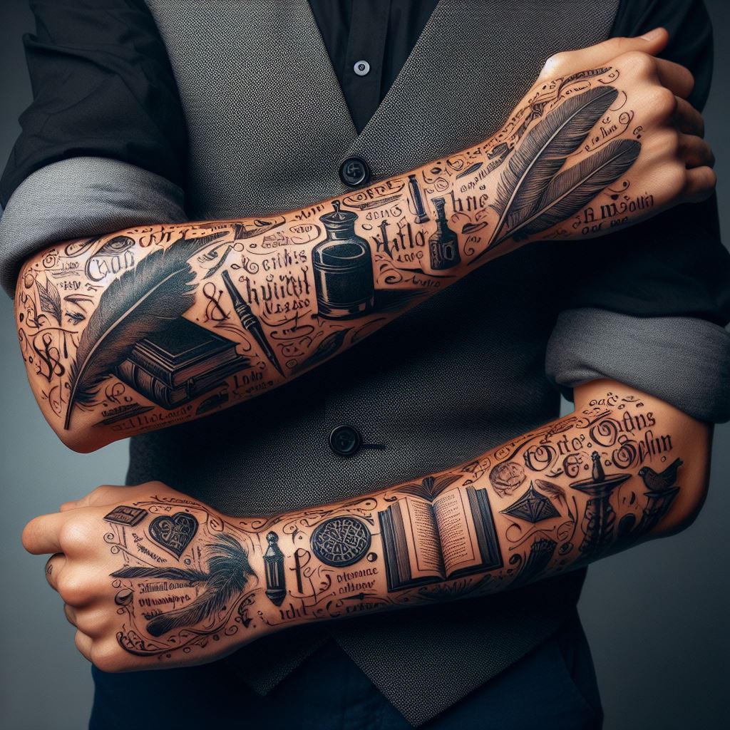 A man's forearm adorned with a tattoo inspired by classic literature. The design should weave together iconic symbols, quotes, and imagery from beloved books, such as a quill, inkwell, open books, or famous characters in silhouette. Spanning from the wrist to the elbow, this tattoo pays homage to the world of literature, using fine lines and script to create a narrative piece that tells a story in ink.