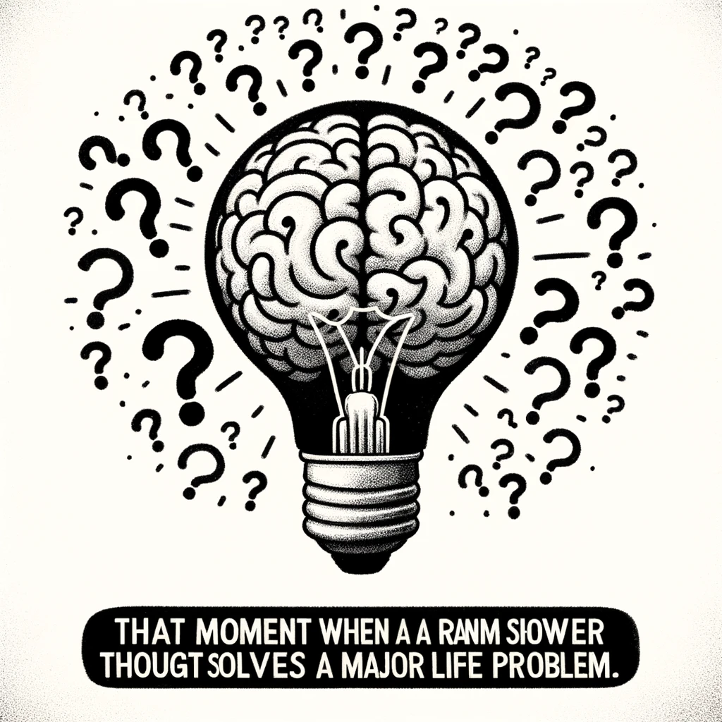 An image of a light bulb with a brain pattern, surrounded by question marks, captioned: "That moment when a random shower thought solves a major life problem."