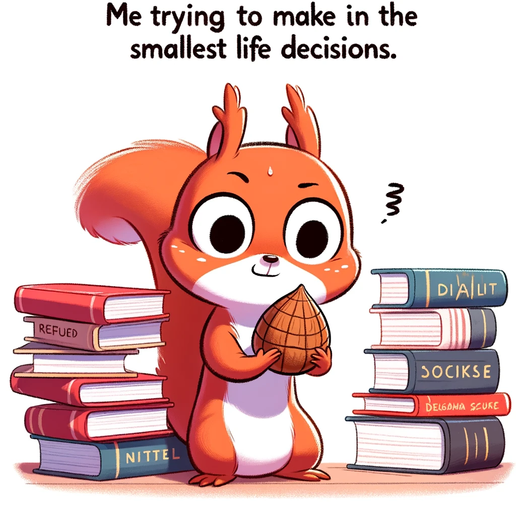 A cartoon of a squirrel holding a nut with a confused expression, surrounded by books on decision making, captioned: "Me trying to make the smallest life decisions."