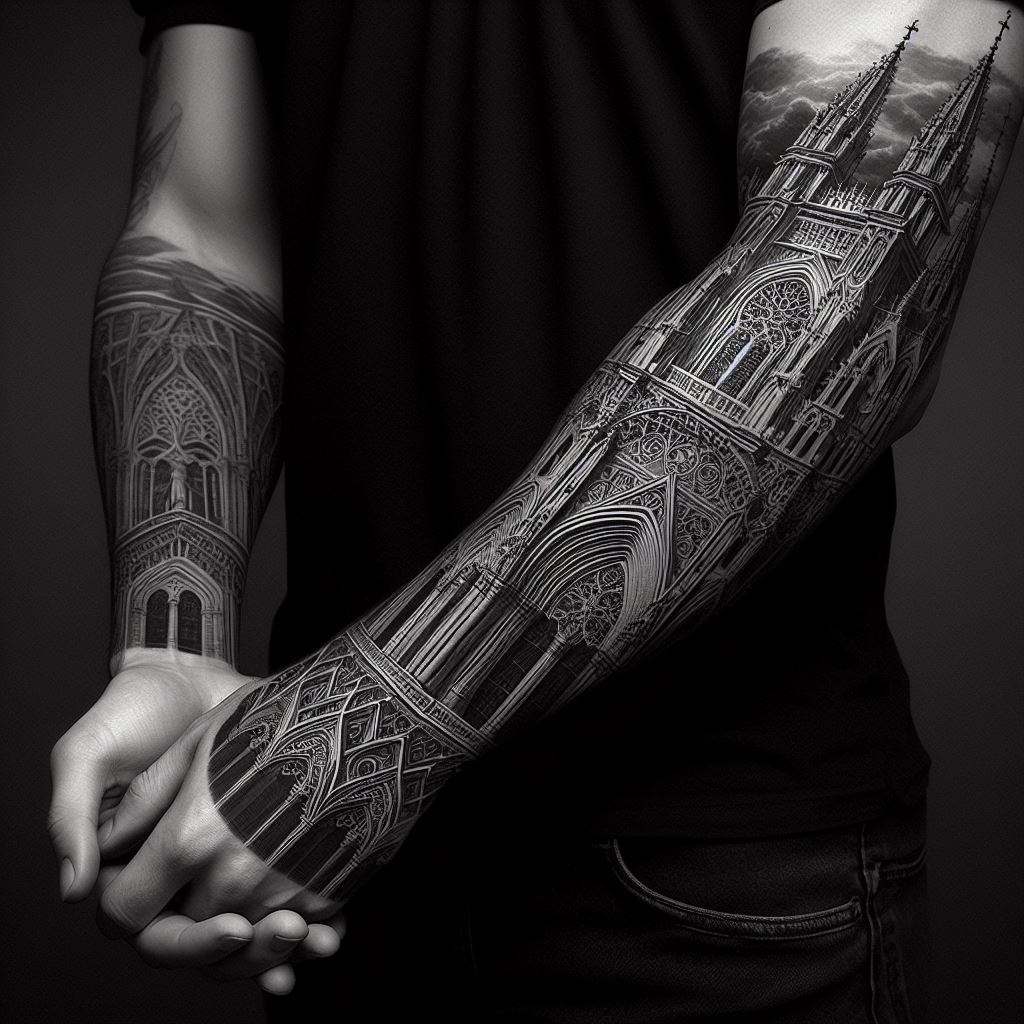 A man's forearm with a detailed tattoo that captures the essence of Gothic architecture. The design should feature elements like pointed arches, intricate tracery, flying buttresses, or the façade of a famous Gothic cathedral. Extending from the wrist to the elbow, this tattoo should be executed in a monochrome palette to highlight the dramatic contrasts and elaborate details characteristic of Gothic style.