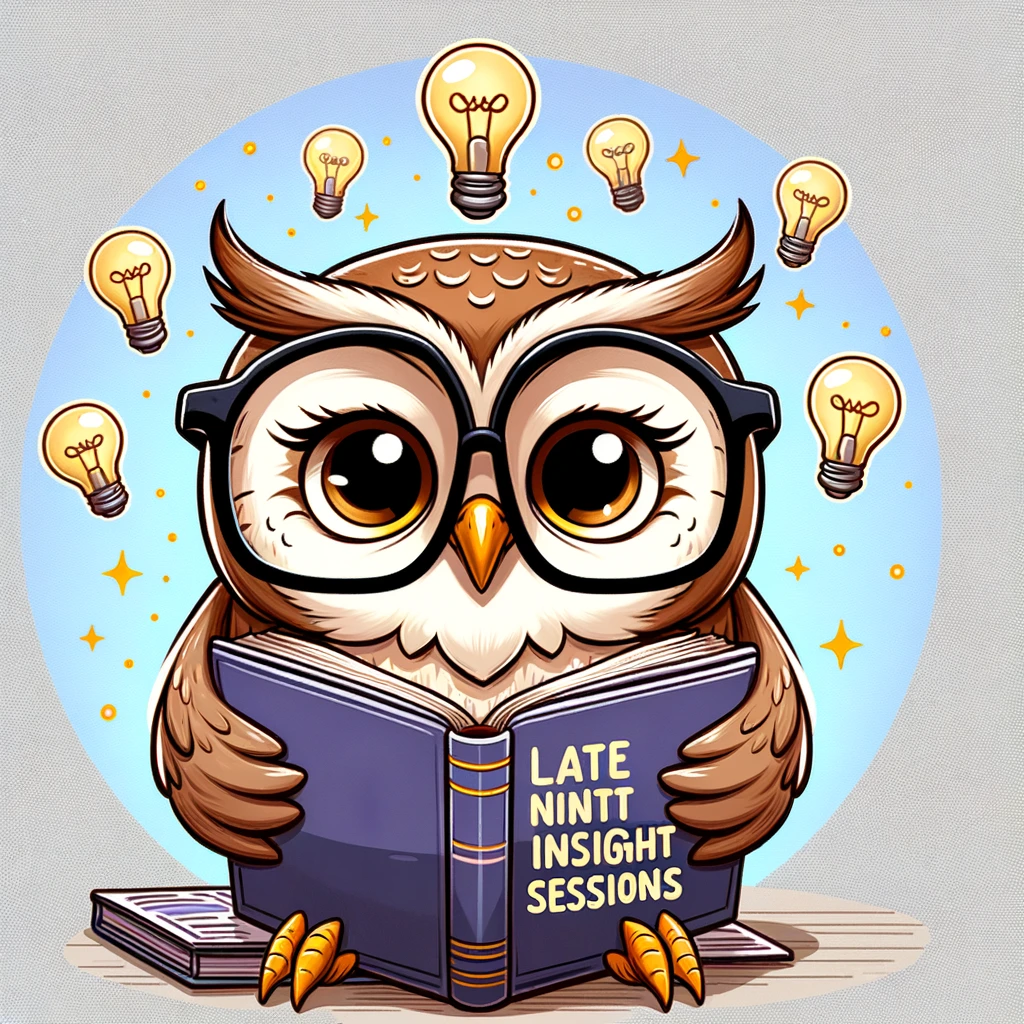 A cartoon of an owl wearing glasses and reading a psychology book, with light bulbs floating around its head, captioned: "Late-night insight sessions."
