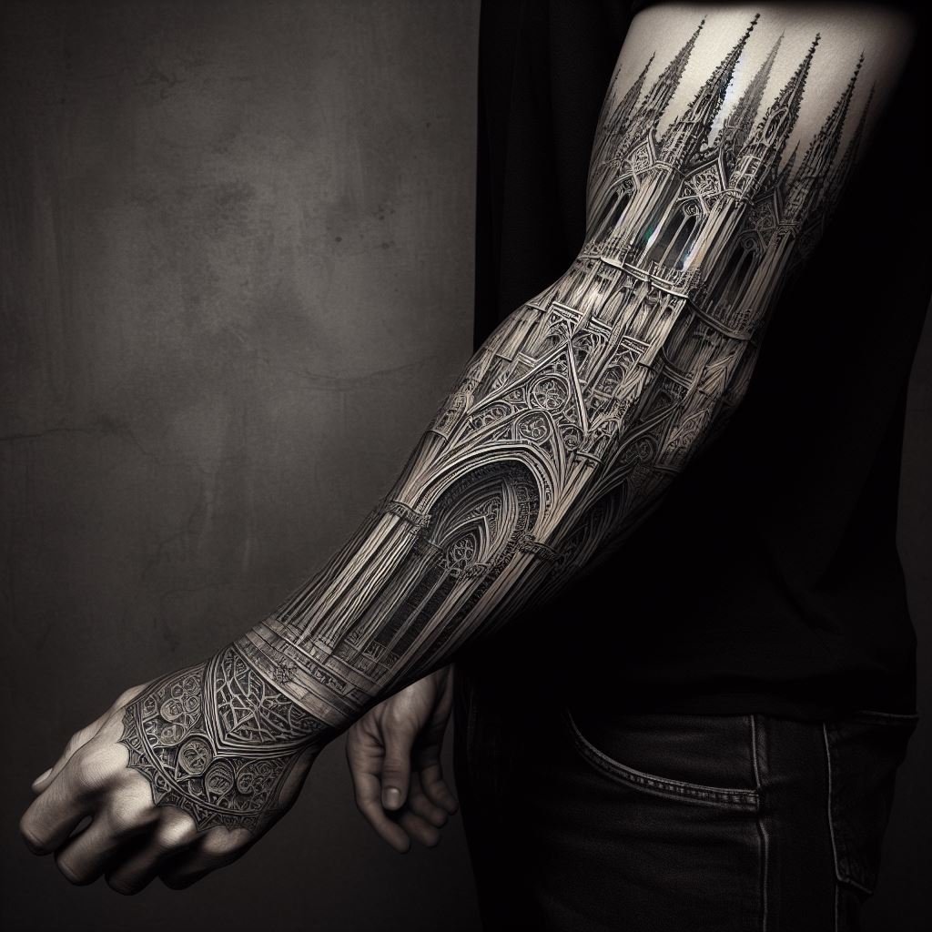 A man's forearm with a detailed tattoo that captures the essence of Gothic architecture. The design should feature elements like pointed arches, intricate tracery, flying buttresses, or the façade of a famous Gothic cathedral. Extending from the wrist to the elbow, this tattoo should be executed in a monochrome palette to highlight the dramatic contrasts and elaborate details characteristic of Gothic style.