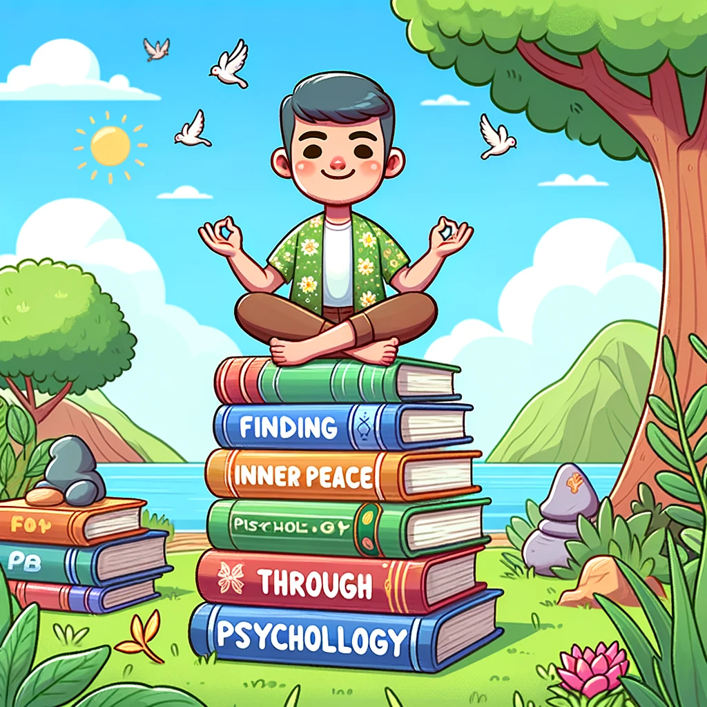 A cartoon of a person meditating on top of a pile of psychology books, surrounded by peaceful nature, captioned: "Finding inner peace through psychology."