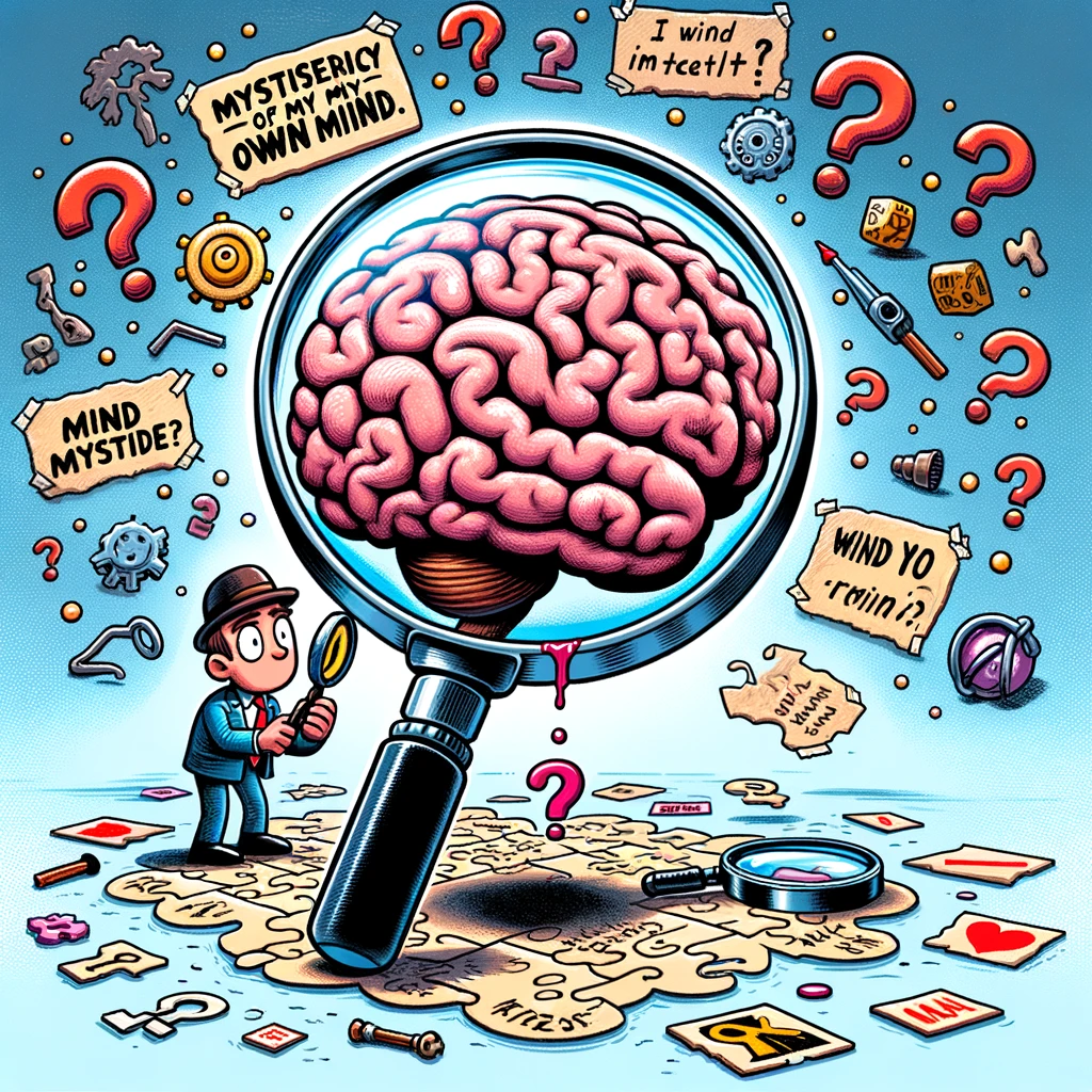 A cartoon of a detective magnifying glass examining a brain, surrounded by clues and question marks, captioned: "Solving the mystery of my own mind."