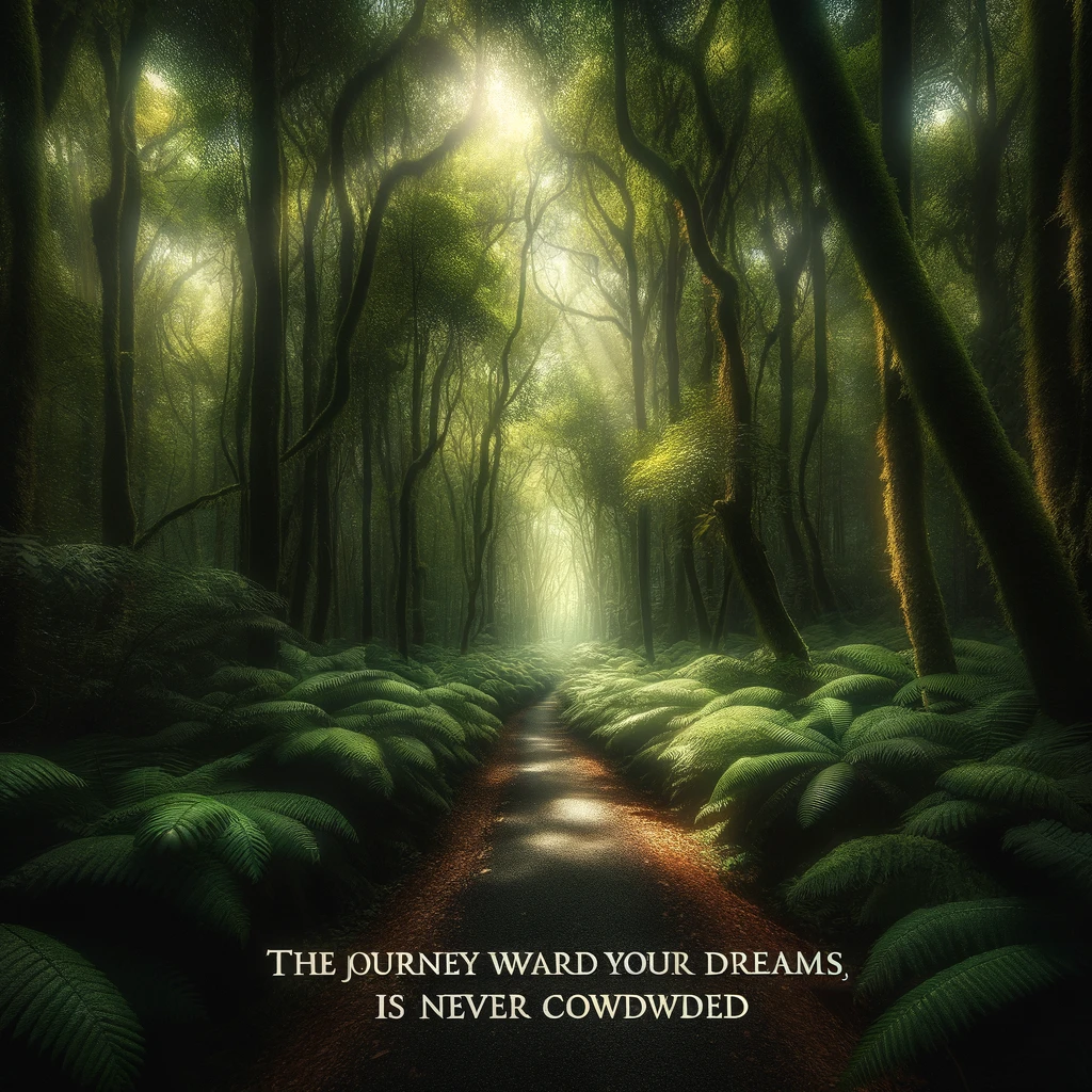 A solitary path winding through a lush, green forest, light filtering through the canopy above. Text overlay: "The journey towards your dreams is never crowded."