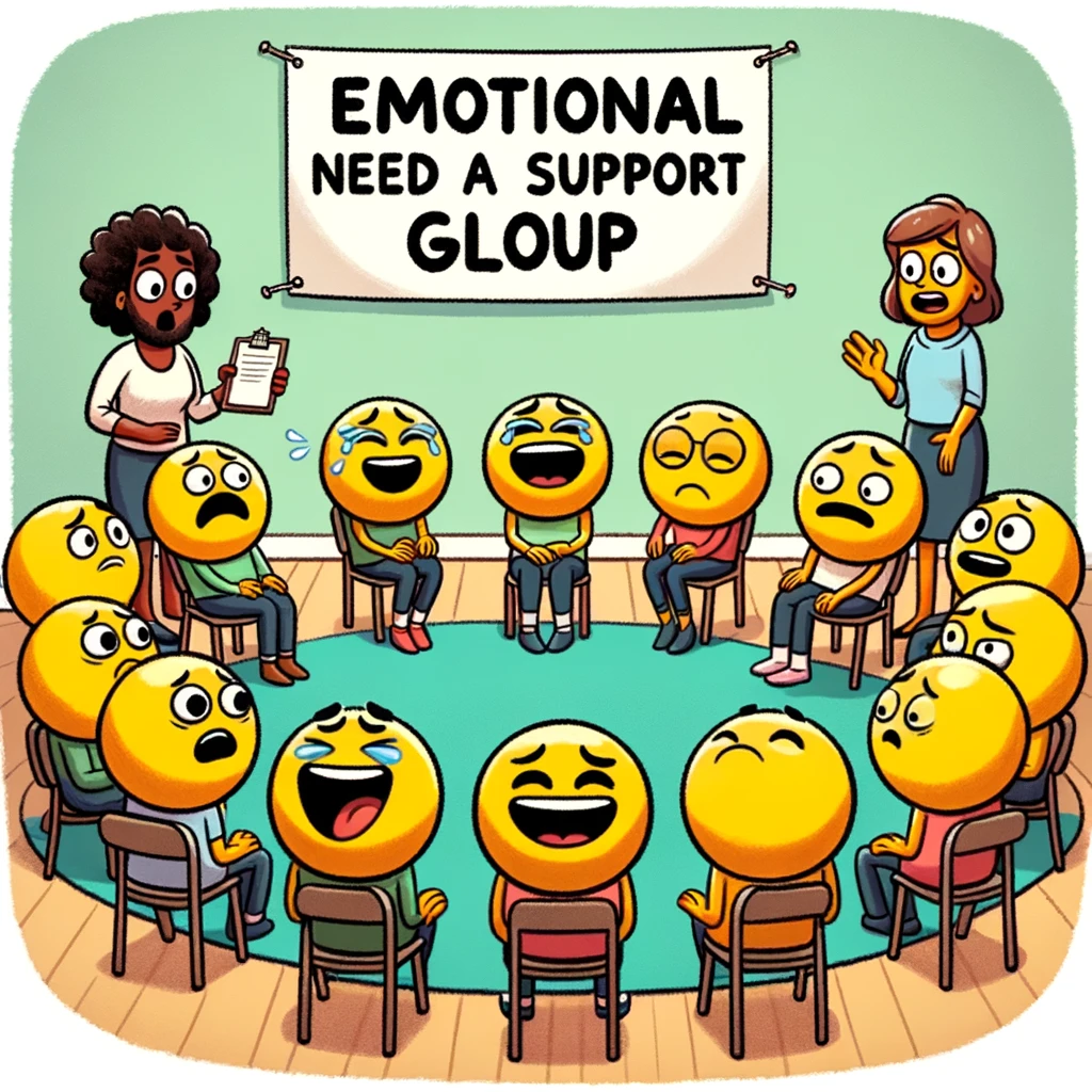A cartoon of a group of emojis sitting in a circle at a support group, with a sign saying "Emotional Support Group", captioned: "When your emotions need a little extra support."