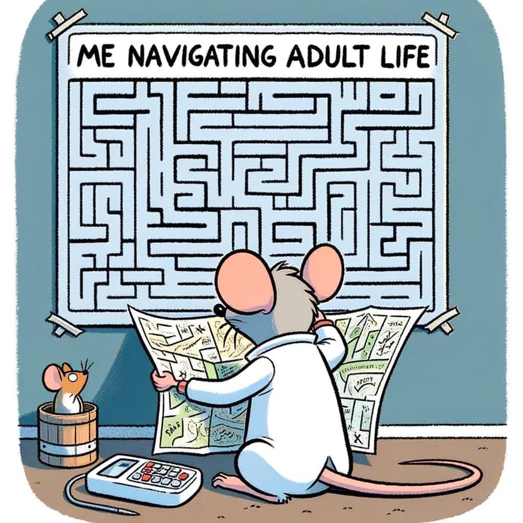 A cartoon of a mouse in a lab maze, looking at a map and scratching its head, captioned: "Me navigating adult life."
