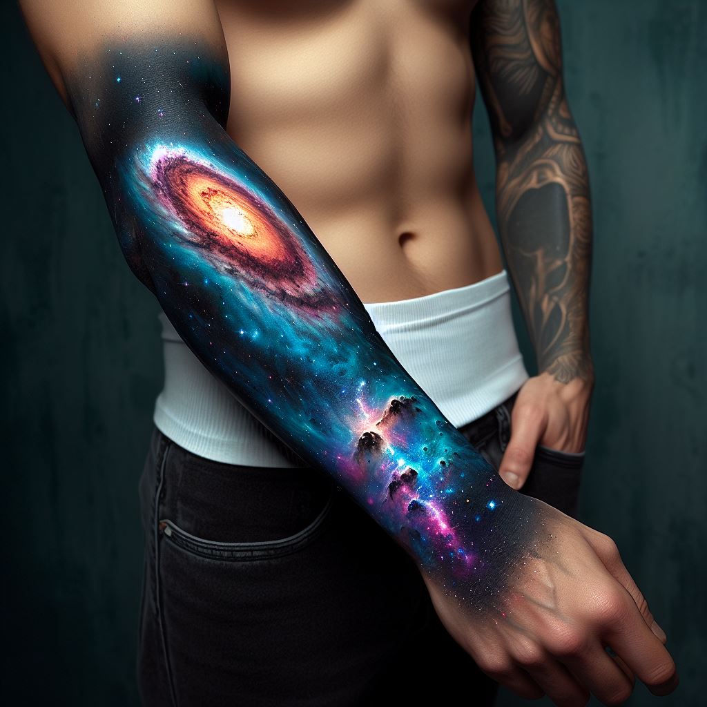 A man's forearm featuring a tattoo that showcases cosmic phenomena. The design could include representations of nebulae, black holes, supernovae, or the aurora borealis, rendered in a vibrant spectrum of colors that capture the awe-inspiring beauty of the universe. This tattoo, from the wrist to the elbow, should blend these elements into a seamless cosmic scene, inviting contemplation of the mysteries of space.