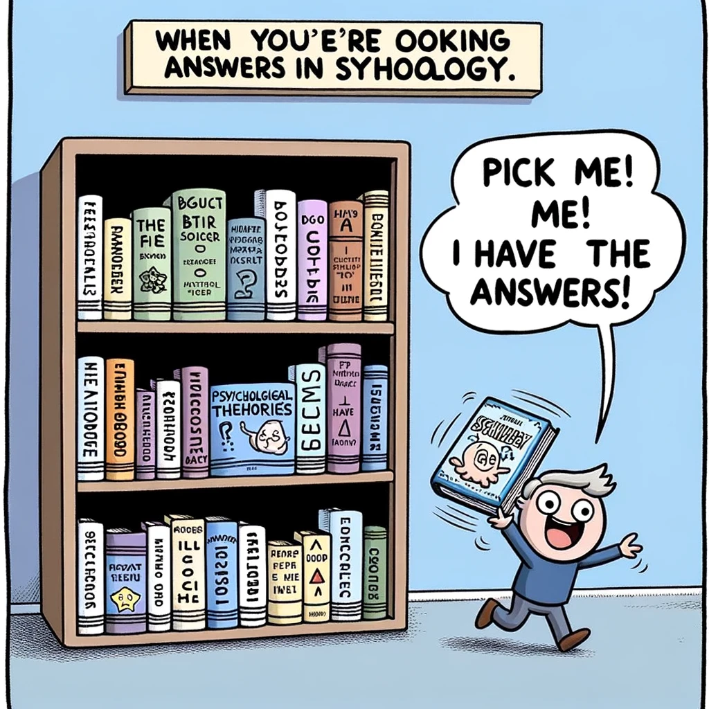 A cartoon of a bookshelf with books labeled with different psychological theories, with one book jumping out and saying "Pick me! I have the answers!", captioned: "When you're looking for answers in psychology."