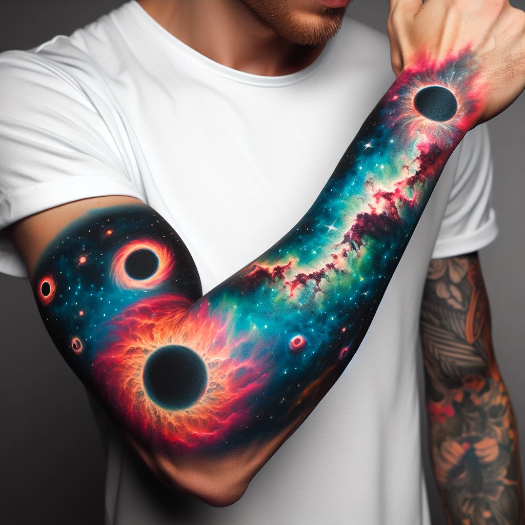 A man's forearm featuring a tattoo that showcases cosmic phenomena. The design could include representations of nebulae, black holes, supernovae, or the aurora borealis, rendered in a vibrant spectrum of colors that capture the awe-inspiring beauty of the universe. This tattoo, from the wrist to the elbow, should blend these elements into a seamless cosmic scene, inviting contemplation of the mysteries of space.