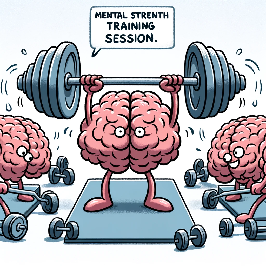 A cartoon of a brain lifting weights, with other brains cheering it on, captioned: "Mental strength training session."
