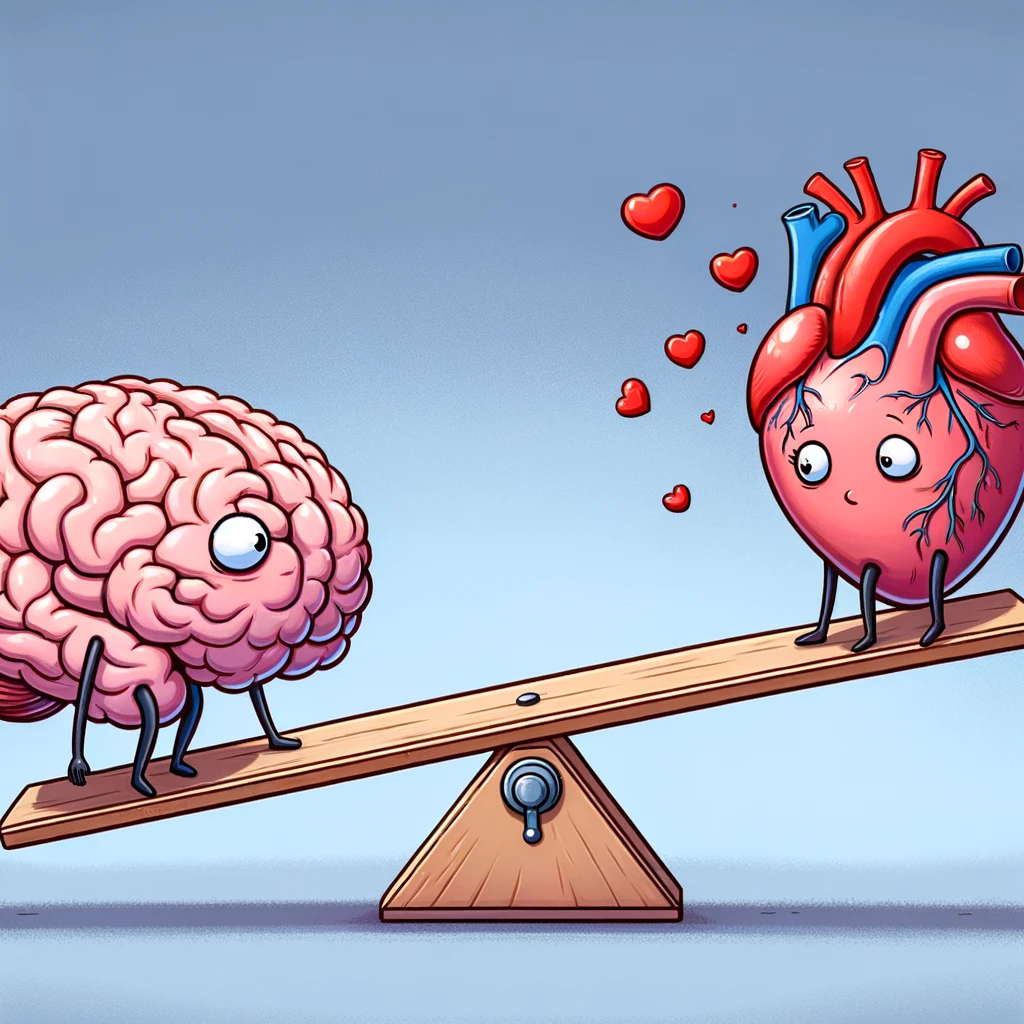 A cartoon of a brain and heart sitting on a seesaw, trying to balance, captioned: "The eternal struggle between logic and emotion."