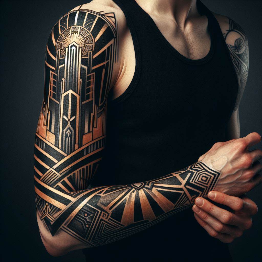 A man's forearm embellished with an Art Deco-inspired tattoo. The design should incorporate the geometric shapes, bold lines, and stylized motifs that define the Art Deco movement, possibly including elements like sunbursts, zigzags, or the sleek silhouette of a 1920s skyscraper. Using a palette of black, gold, and jewel tones, this tattoo, spanning from the wrist to the elbow, celebrates the elegance and sophistication of the Art Deco era.