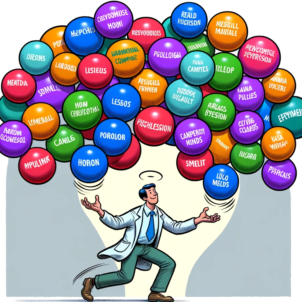 A cartoon of a person juggling multiple colorful balls labeled with different psychological concepts, captioned: "Balancing the complexities of the human mind."
