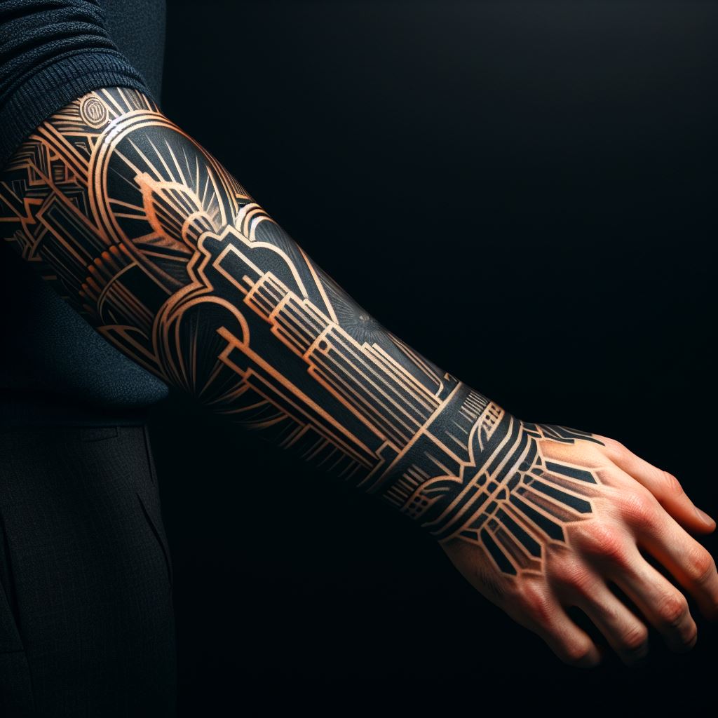 A man's forearm embellished with an Art Deco-inspired tattoo. The design should incorporate the geometric shapes, bold lines, and stylized motifs that define the Art Deco movement, possibly including elements like sunbursts, zigzags, or the sleek silhouette of a 1920s skyscraper. Using a palette of black, gold, and jewel tones, this tattoo, spanning from the wrist to the elbow, celebrates the elegance and sophistication of the Art Deco era.