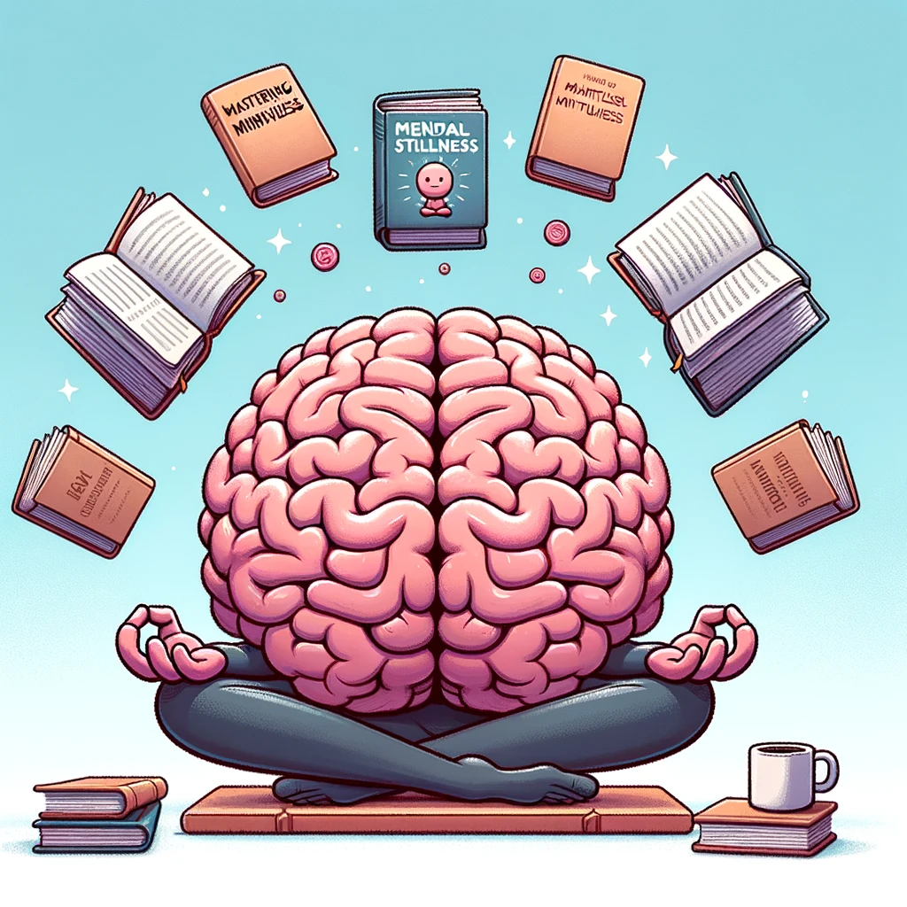 A cartoon of a brain sitting in a meditation pose, surrounded by floating books on mindfulness, captioned: "Mastering the art of mental stillness."