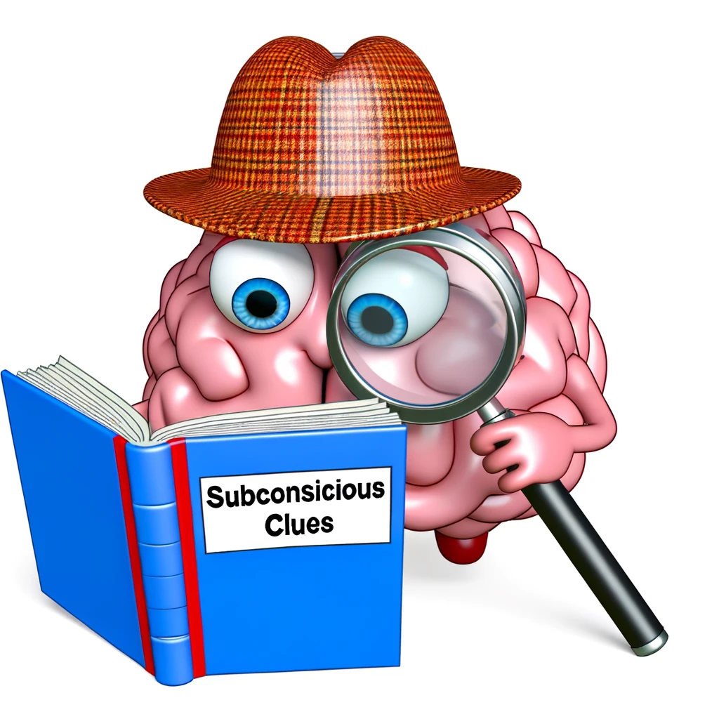 A cartoon of a brain wearing a detective hat, using a magnifying glass to read a book titled 'Subconscious Clues', captioned: "Investigating the mysteries of the subconscious."
