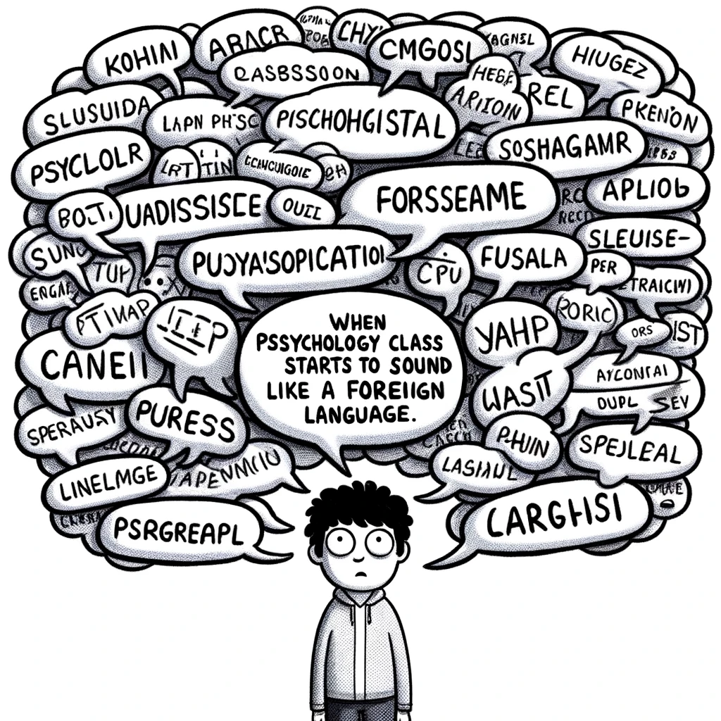 A cartoon of a person surrounded by speech bubbles containing various psychological terms, looking overwhelmed, captioned: "When psychology class starts to sound like a foreign language."
