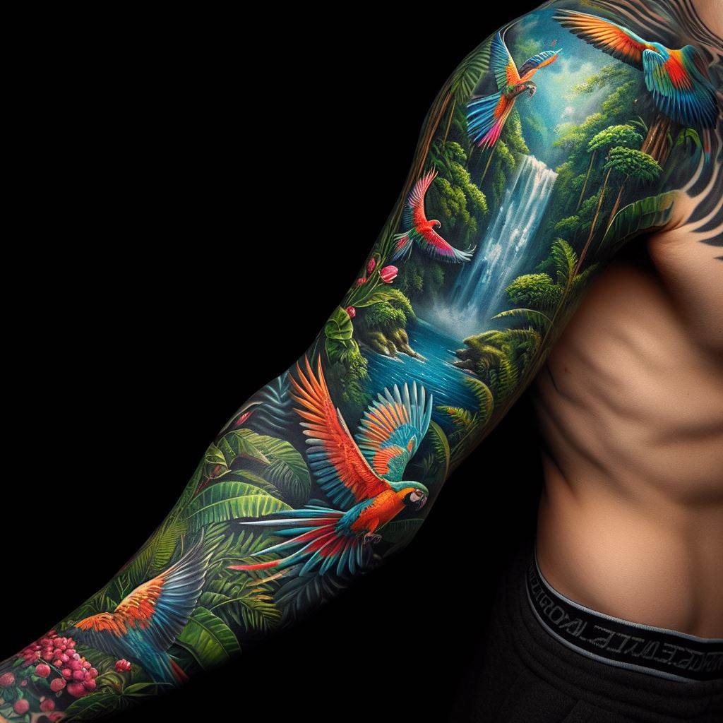 A half sleeve tattoo on the left arm, featuring a vibrant jungle theme with lush green foliage, colorful exotic birds in flight, and a hidden waterfall in the background. The tattoo should blend seamlessly into the skin, with realistic shadows and highlights, creating a sense of depth and movement.