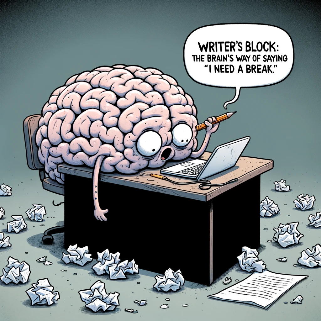A cartoon of a brain sitting at a desk, surrounded by crumpled paper, holding a pen, captioned: "Writer's block: The brain's way of saying 'I need a break'."