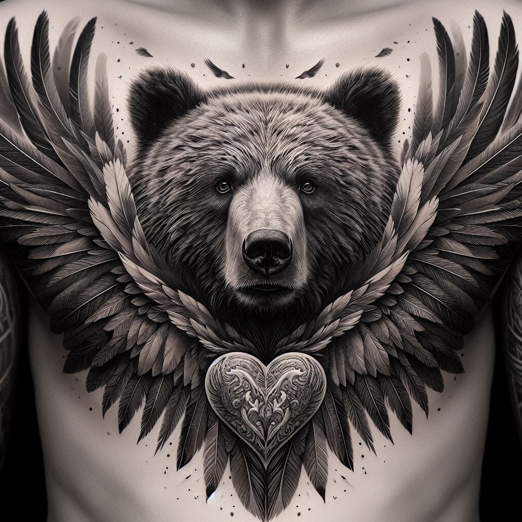 A tattoo that features a bear with wings spread wide across the chest, embodying freedom and protection. The bear's face is centered over the heart, with detailed wings extending across the chest and onto the shoulders. This design combines realism with mythical elements, creating a unique and powerful image. The feathers and fur are rendered with precision, adding depth and texture to the tattoo.