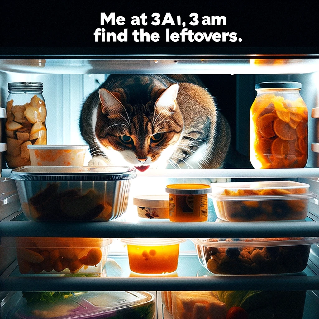 A cute cat stealthily sneaking into an open fridge at night, illuminated by the fridge light, eyeing the leftovers inside. The fridge is filled with various food items but the cat's focus is on a container of leftovers. The scene conveys a sense of mischief and hunger. Caption at the bottom reads: 'Me at 3 AM finding the leftovers.' The image should have a humorous and relatable vibe, capturing the essence of a late-night snack thief.