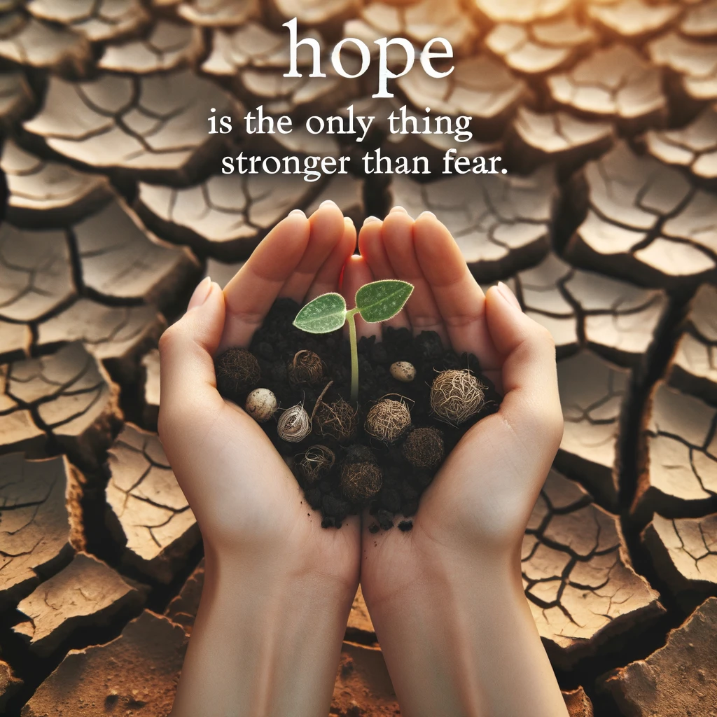 A pair of hands holding a small, sprouting plant against a backdrop of barren, cracked earth. Text overlay: "Hope is the only thing stronger than fear."