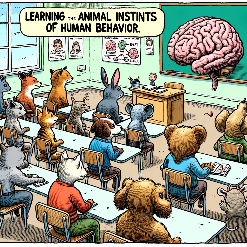 A cartoon of various animals sitting in a classroom, attentively listening to a brain teaching psychology, captioned: "Learning the animal instincts of human behavior."