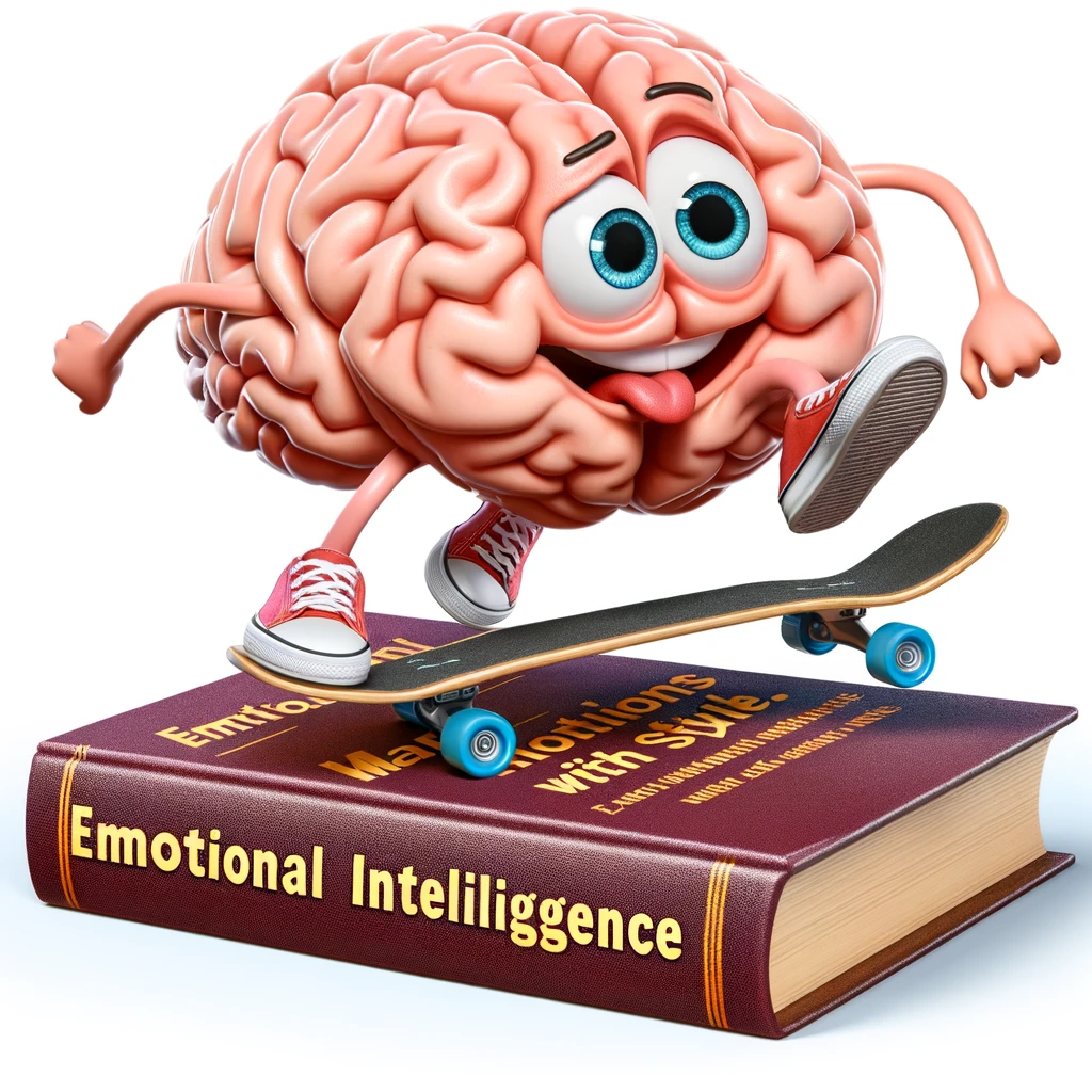 A cartoon of a brain on a skateboard doing a trick over a book titled 'Emotional Intelligence', captioned: "Mastering emotions with style."